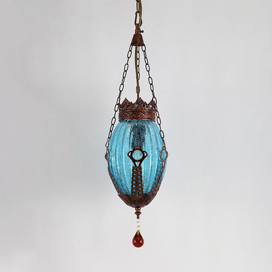 Moroccan Oval Pendant Light Fixture 1 Light Red/Yellow/Blue Textured Glass Suspension Lamp for Dining Room Blue Clearhalo 'Ceiling Lights' 'Glass shade' 'Glass' 'Pendant Lights' 'Pendants' Lighting' 297812