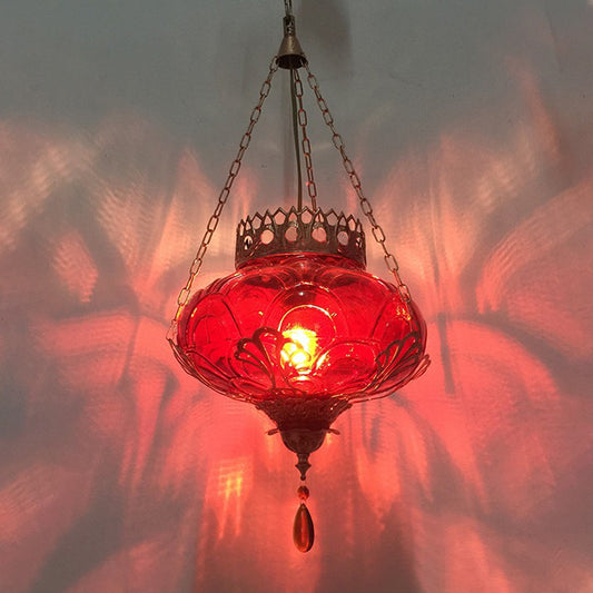 1 Light Textured Glass Hanging Pendant Light Vintage Red/Yellow/Blue Oval Shaped Dining Room Drop Lamp Red Clearhalo 'Ceiling Lights' 'Glass shade' 'Glass' 'Pendant Lights' 'Pendants' Lighting' 297820