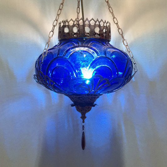 1 Light Textured Glass Hanging Pendant Light Vintage Red/Yellow/Blue Oval Shaped Dining Room Drop Lamp Blue Clearhalo 'Ceiling Lights' 'Glass shade' 'Glass' 'Pendant Lights' 'Pendants' Lighting' 297821