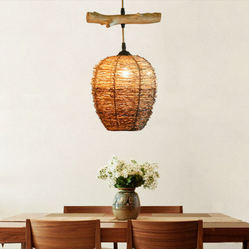 Ball Rattan Pendant Light Fixture Modern 1 Light Brown Hanging Lamp Kit for Dining Room Clearhalo 'Ceiling Lights' 'Modern Pendants' 'Modern' 'Pendant Lights' 'Pendants' Lighting' 297948