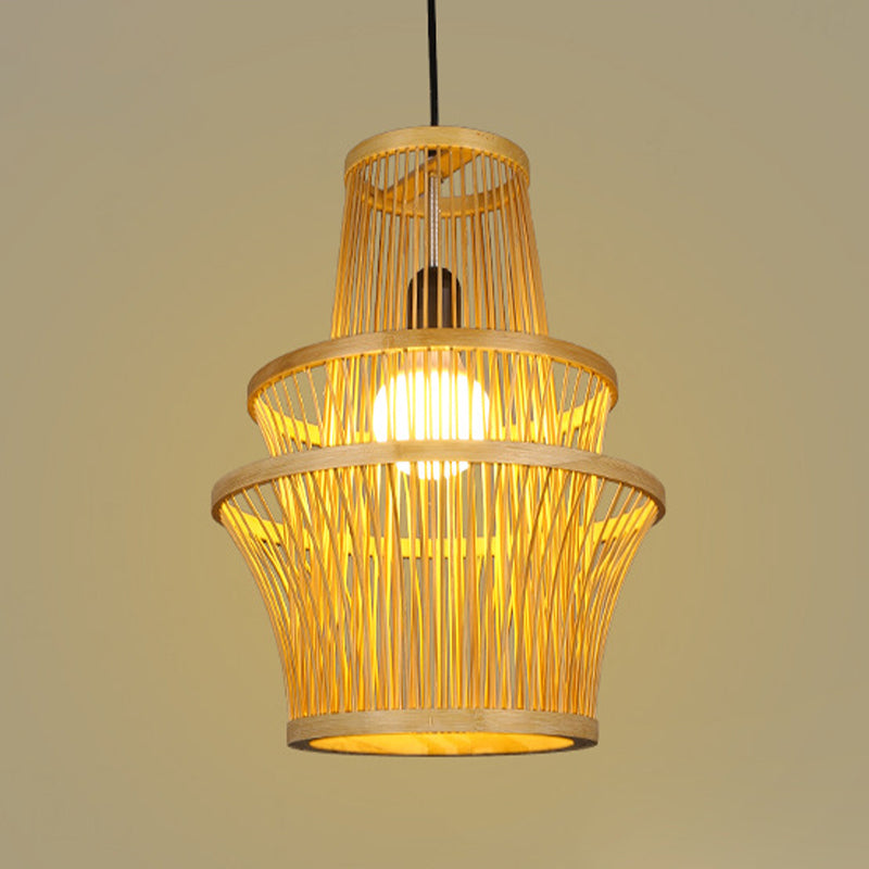 Beige Symmetrical Pendant Light Fixture Modern 1 Light Bamboo Hanging Lamp Kit Clearhalo 'Ceiling Lights' 'Modern Pendants' 'Modern' 'Pendant Lights' 'Pendants' Lighting' 297960