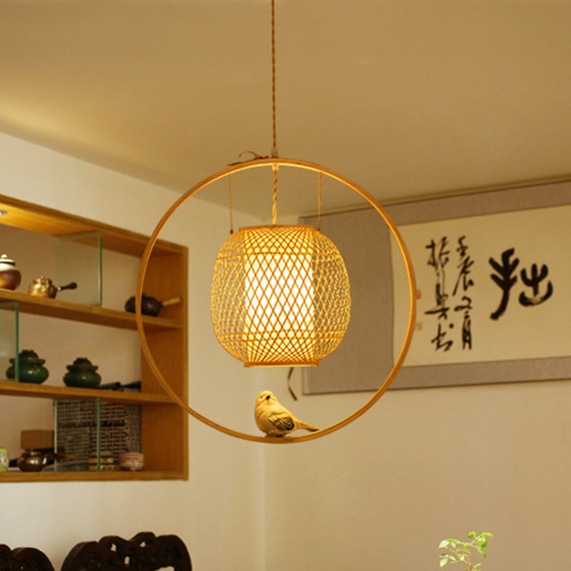 Modern Globe Bamboo Ceiling Light 1 Light Hanging Lamp Kit in Beige with Bird Deco Clearhalo 'Ceiling Lights' 'Modern Pendants' 'Modern' 'Pendant Lights' 'Pendants' Lighting' 298086