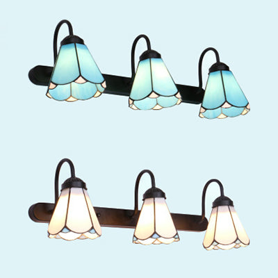 3 Heads Conical Wall Mount Light Tiffany White/Blue Glass Vanity Light Fixture for Bathroom Clearhalo 'Industrial' 'Middle century wall lights' 'Tiffany wall lights' 'Tiffany' 'Wall Lamps & Sconces' 'Wall Lights' Lighting' 29832