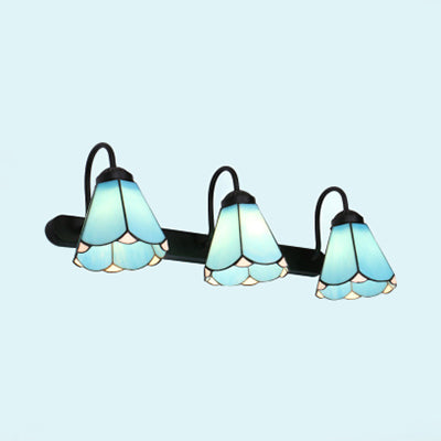 3 Heads Conical Wall Mount Light Tiffany White/Blue Glass Vanity Light Fixture for Bathroom Blue Clearhalo 'Industrial' 'Middle century wall lights' 'Tiffany wall lights' 'Tiffany' 'Wall Lamps & Sconces' 'Wall Lights' Lighting' 29833