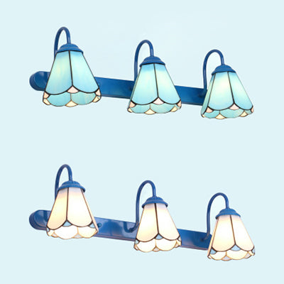 Conical Vanity Light Fixture Tiffany White/Blue Glass 3 Heads Wall Mount Light for Bathroom Clearhalo 'Industrial' 'Middle century wall lights' 'Tiffany wall lights' 'Tiffany' 'Wall Lamps & Sconces' 'Wall Lights' Lighting' 29860