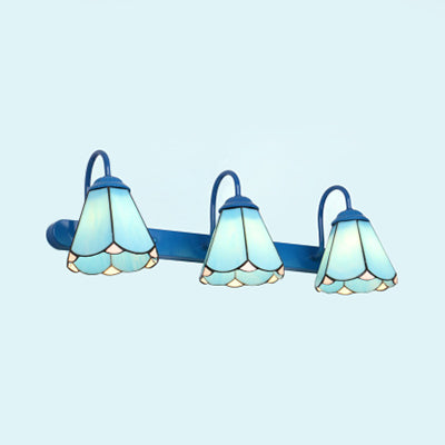 Conical Vanity Light Fixture Tiffany White/Blue Glass 3 Heads Wall Mount Light for Bathroom Blue Clearhalo 'Industrial' 'Middle century wall lights' 'Tiffany wall lights' 'Tiffany' 'Wall Lamps & Sconces' 'Wall Lights' Lighting' 29861