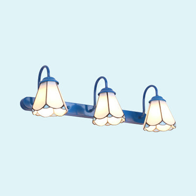 Conical Vanity Light Fixture Tiffany White/Blue Glass 3 Heads Wall Mount Light for Bathroom White Clearhalo 'Industrial' 'Middle century wall lights' 'Tiffany wall lights' 'Tiffany' 'Wall Lamps & Sconces' 'Wall Lights' Lighting' 29862