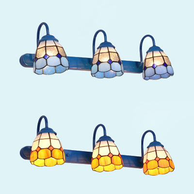3 Heads Dome Vanity Wall Light Tiffany Yellow/Blue Glass Sconce Light Fixture for Bathroom Clearhalo 'Industrial' 'Middle century wall lights' 'Tiffany wall lights' 'Tiffany' 'Wall Lamps & Sconces' 'Wall Lights' Lighting' 29863