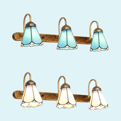 Cone Wall Mounted Light Tiffany Blue/White Glass 3 Heads Brass Vanity Sconce Light Fixture Clearhalo 'Industrial' 'Middle century wall lights' 'Tiffany wall lights' 'Tiffany' 'Wall Lamps & Sconces' 'Wall Lights' Lighting' 29924