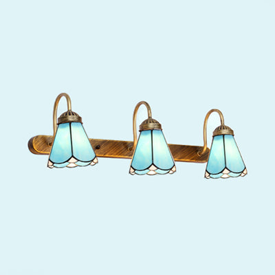 Cone Wall Mounted Light Tiffany Blue/White Glass 3 Heads Brass Vanity Sconce Light Fixture Blue Clearhalo 'Industrial' 'Middle century wall lights' 'Tiffany wall lights' 'Tiffany' 'Wall Lamps & Sconces' 'Wall Lights' Lighting' 29925