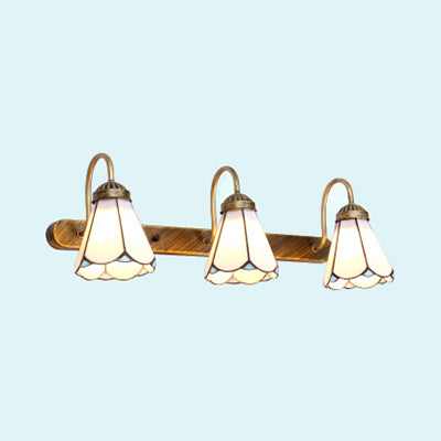 Cone Wall Mounted Light Tiffany Blue/White Glass 3 Heads Brass Vanity Sconce Light Fixture White Clearhalo 'Industrial' 'Middle century wall lights' 'Tiffany wall lights' 'Tiffany' 'Wall Lamps & Sconces' 'Wall Lights' Lighting' 29926