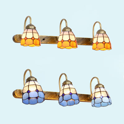 3 Head Wall Mounted Light Tiffany Grid Patterned Yellow/Blue Glass Vanity Sconce Light for Bathroom Clearhalo 'Industrial' 'Middle century wall lights' 'Tiffany wall lights' 'Tiffany' 'Wall Lamps & Sconces' 'Wall Lights' Lighting' 29932