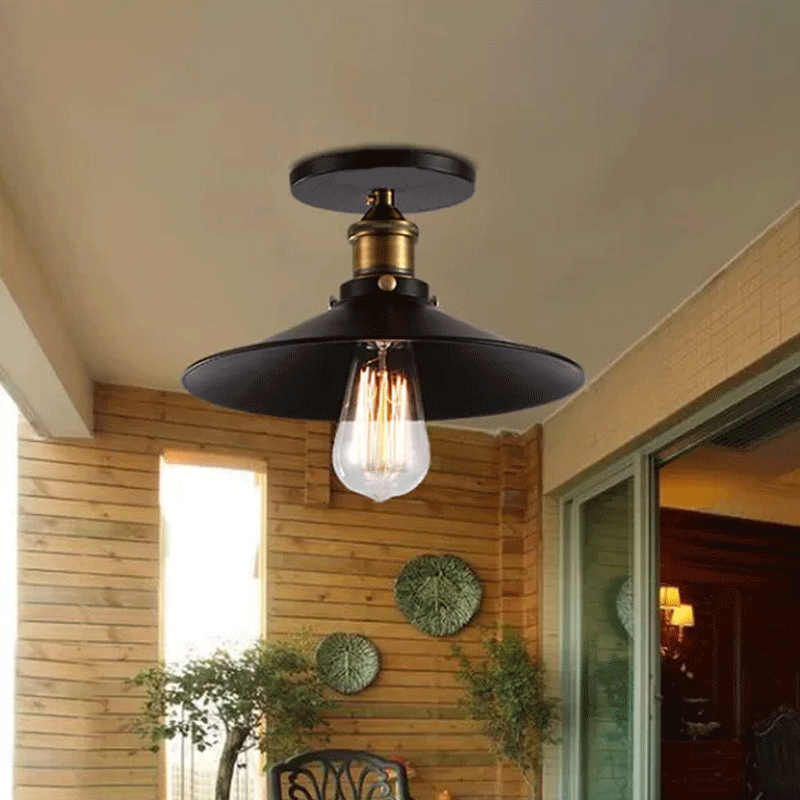 Iron Saucer Ceiling Mount Lamp Farmhouse 1 Bulb Porch Semi Flush Mount Light Fixture in Black, 8.5"/10"/12" W Clearhalo 'Ceiling Lights' 'Close To Ceiling Lights' 'Close to ceiling' 'Semi-flushmount' Lighting' 2_08a76c9a-9302-417a-9670-be6cb5a9414d