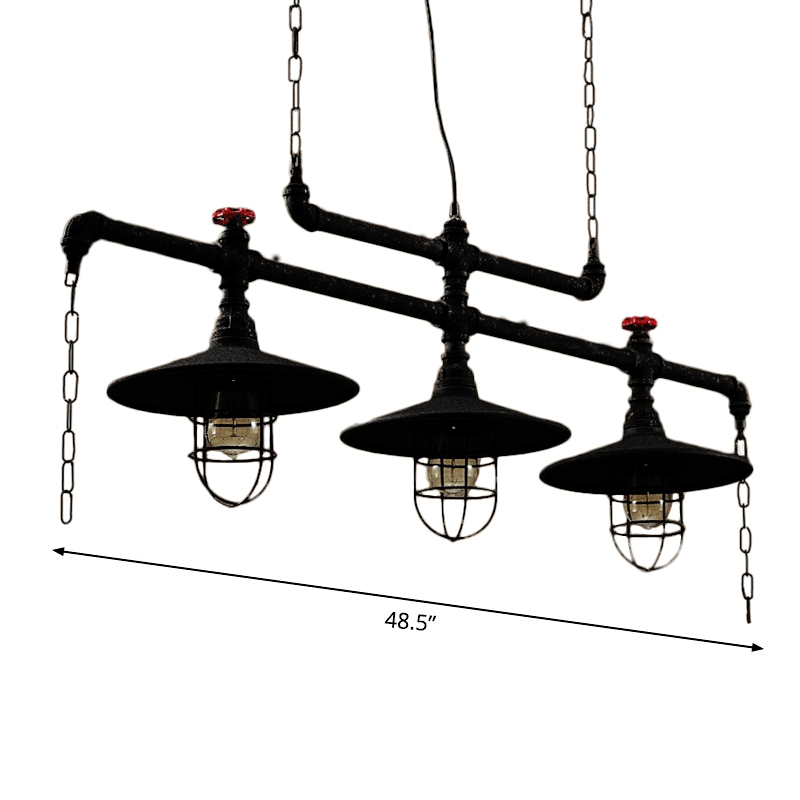 2/3 Heads Saucer Island Lighting Steampunk Black Iron Hanging Light Fixture with Cage and Chain Deco Clearhalo 'Ceiling Lights' 'Island Lights' Lighting' 2_4eb5e158-f4b5-4b99-bef4-13430e9d1ab4