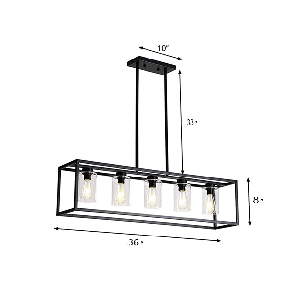 Cylinder Shade Clear Glass Pendant Industrial 3/5 Lights Dinette Up/Down Island Lamp with Rectangle Frame in Black Clearhalo 'Ceiling Lights' 'Island Lights' Lighting' 2_8c1805d6-6808-4de8-96f2-cd060b01113a