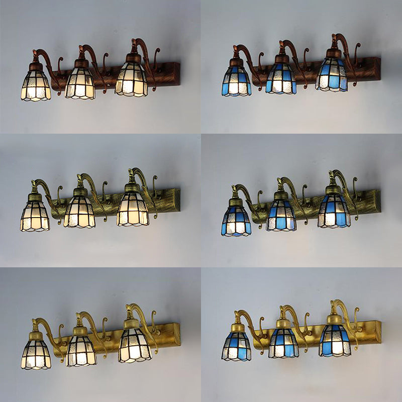 Stained Glass Dome Wall Lighting with Square/Blue Square Pattern and Linear Backplate Vintage Retro 3 Lights Sconce Lighting in Copper/Antique Brass/Brass Clearhalo 'Industrial' 'Middle century wall lights' 'Tiffany wall lights' 'Tiffany' 'Wall Lamps & Sconces' 'Wall Lights' Lighting' 30088