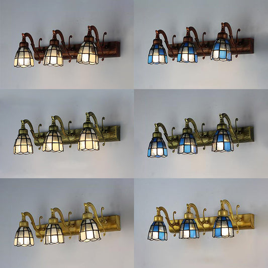 Stained Glass Dome Wall Lighting with Square/Blue Square Pattern and Linear Backplate Vintage Retro 3 Lights Sconce Lighting in Copper/Antique Brass/Brass Clearhalo 'Industrial' 'Middle century wall lights' 'Tiffany wall lights' 'Tiffany' 'Wall Lamps & Sconces' 'Wall Lights' Lighting' 30088