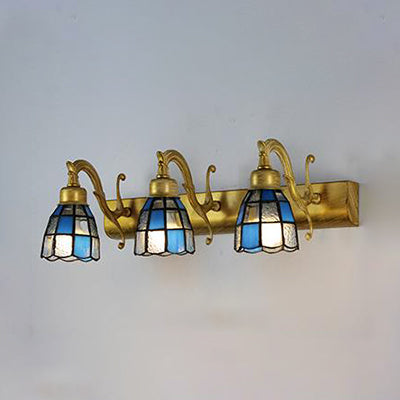 Stained Glass Dome Wall Lighting with Square/Blue Square Pattern and Linear Backplate Vintage Retro 3 Lights Sconce Lighting in Copper/Antique Brass/Brass Brass Blue Square Clearhalo 'Industrial' 'Middle century wall lights' 'Tiffany wall lights' 'Tiffany' 'Wall Lamps & Sconces' 'Wall Lights' Lighting' 30089
