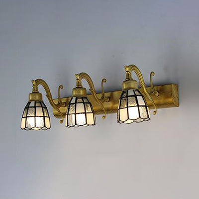 Stained Glass Dome Wall Lighting with Square/Blue Square Pattern and Linear Backplate Vintage Retro 3 Lights Sconce Lighting in Copper/Antique Brass/Brass Brass Square Clearhalo 'Industrial' 'Middle century wall lights' 'Tiffany wall lights' 'Tiffany' 'Wall Lamps & Sconces' 'Wall Lights' Lighting' 30090