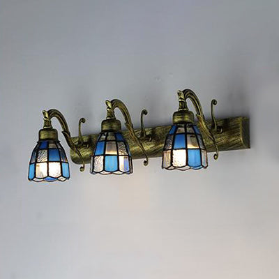 Stained Glass Dome Wall Lighting with Square/Blue Square Pattern and Linear Backplate Vintage Retro 3 Lights Sconce Lighting in Copper/Antique Brass/Brass Antique Brass Blue Square Clearhalo 'Industrial' 'Middle century wall lights' 'Tiffany wall lights' 'Tiffany' 'Wall Lamps & Sconces' 'Wall Lights' Lighting' 30091