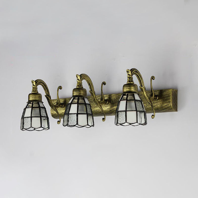 Stained Glass Dome Wall Lighting with Square/Blue Square Pattern and Linear Backplate Vintage Retro 3 Lights Sconce Lighting in Copper/Antique Brass/Brass Clearhalo 'Industrial' 'Middle century wall lights' 'Tiffany wall lights' 'Tiffany' 'Wall Lamps & Sconces' 'Wall Lights' Lighting' 30093