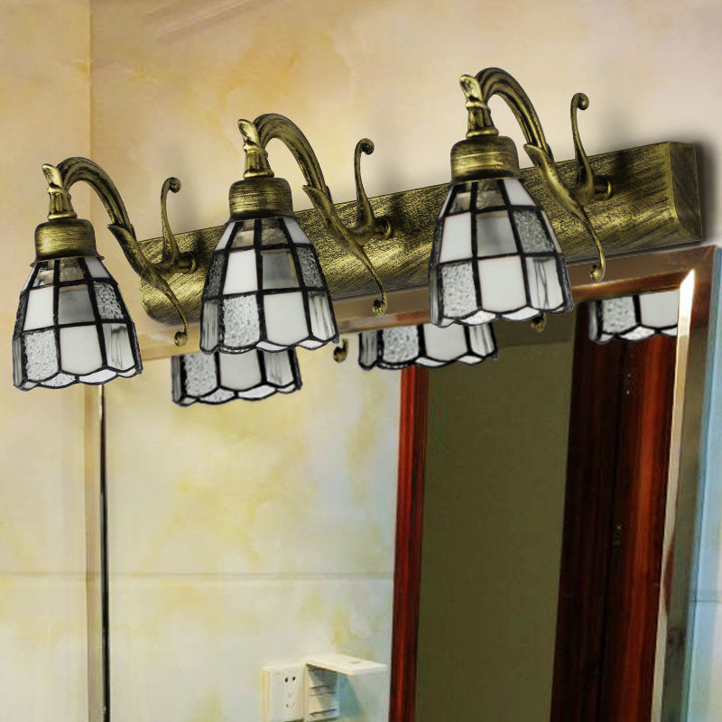 Stained Glass Dome Wall Lighting with Square/Blue Square Pattern and Linear Backplate Vintage Retro 3 Lights Sconce Lighting in Copper/Antique Brass/Brass Clearhalo 'Industrial' 'Middle century wall lights' 'Tiffany wall lights' 'Tiffany' 'Wall Lamps & Sconces' 'Wall Lights' Lighting' 30095