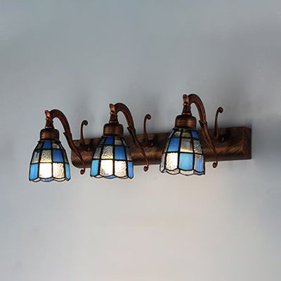 Stained Glass Dome Wall Lighting with Square/Blue Square Pattern and Linear Backplate Vintage Retro 3 Lights Sconce Lighting in Copper/Antique Brass/Brass Copper Blue Square Clearhalo 'Industrial' 'Middle century wall lights' 'Tiffany wall lights' 'Tiffany' 'Wall Lamps & Sconces' 'Wall Lights' Lighting' 30097