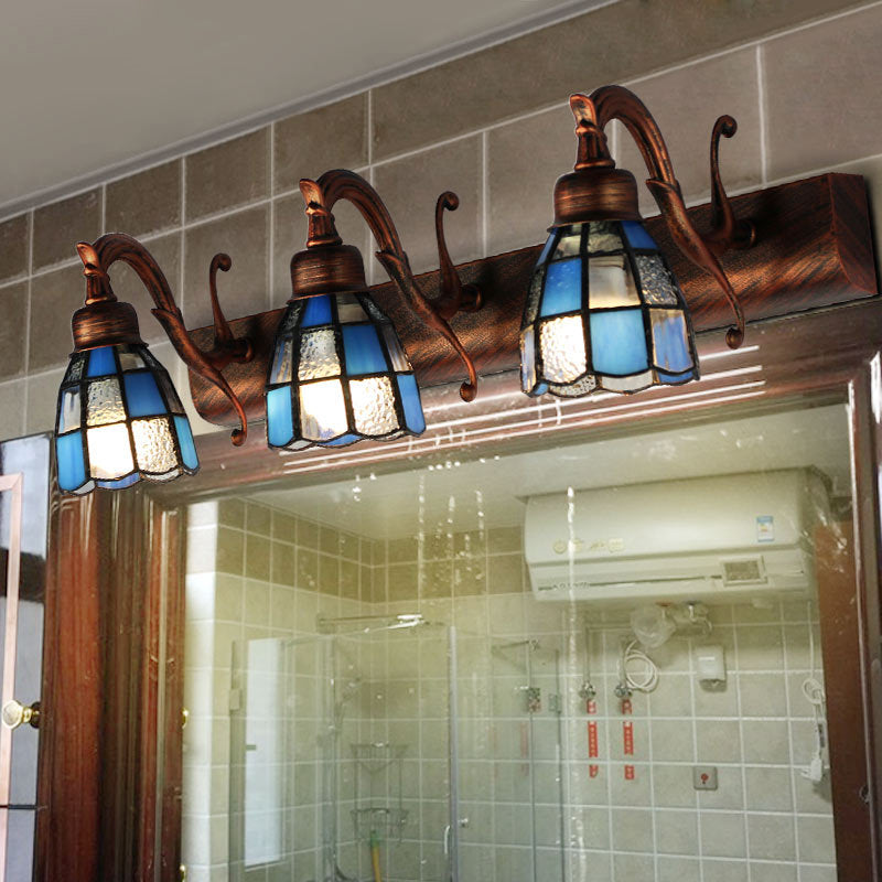 Stained Glass Dome Wall Lighting with Square/Blue Square Pattern and Linear Backplate Vintage Retro 3 Lights Sconce Lighting in Copper/Antique Brass/Brass Clearhalo 'Industrial' 'Middle century wall lights' 'Tiffany wall lights' 'Tiffany' 'Wall Lamps & Sconces' 'Wall Lights' Lighting' 30098