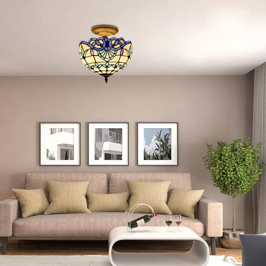 Bedroom Ceiling Light Glass, 2 Lights Domed Semi Flush Mount Light with Jewel Decoration Baroque Style Blue Clearhalo 'Ceiling Lights' 'Close To Ceiling Lights' 'Close to ceiling' 'Glass shade' 'Glass' 'Pendant Lights' 'Semi-flushmount' 'Tiffany close to ceiling' 'Tiffany' Lighting' 3017