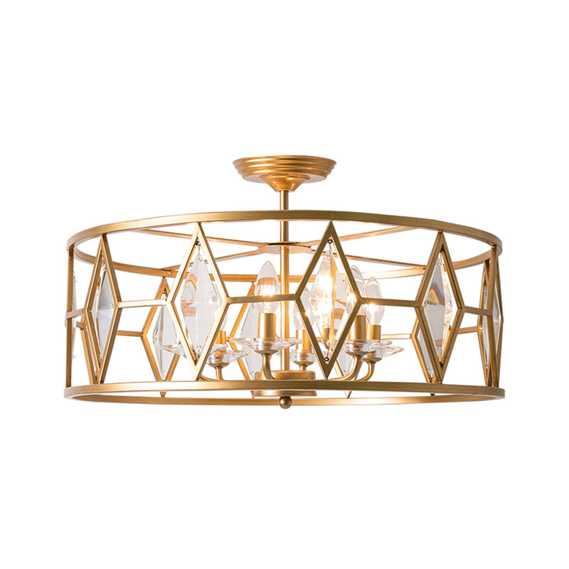 Traditional Drum Ceiling Mount Light Fixture Cut Crystal 6 Bulbs Study Room Semi Flush Mount Lighting in Gold Clearhalo 'Ceiling Lights' 'Close To Ceiling Lights' 'Close to ceiling' 'Semi-flushmount' Lighting' 302827