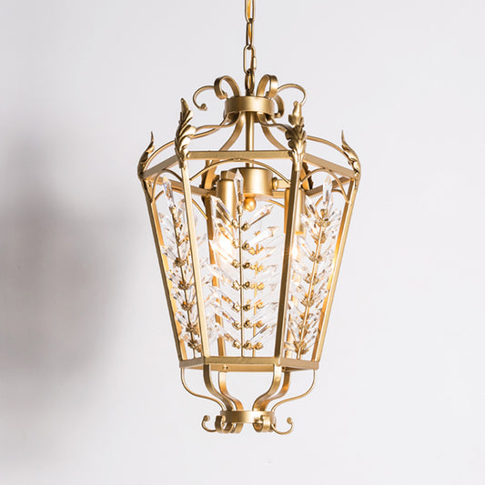 Gold 3 Heads Chandelier Light Traditionalism Metal Lantern Suspended Lighting Fixture with Crystal Accent Gold Clearhalo 'Ceiling Lights' 'Chandeliers' Lighting' options 302913_811f3ab5-6d46-4421-9ae3-ef3d1f0667cb