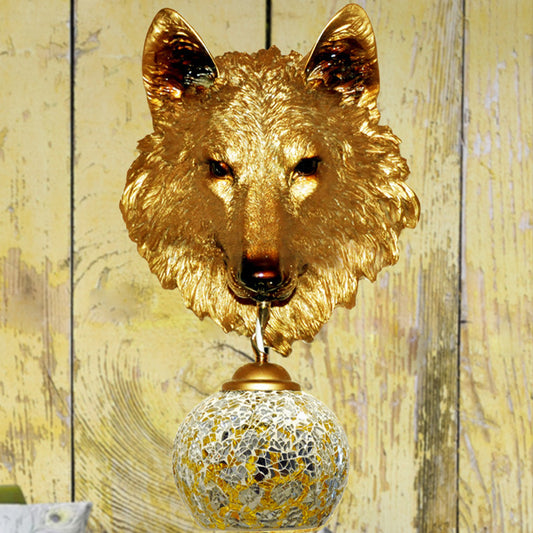 Silver/Gold 1 Light Wall Mount Lamp Tiffany Style Hand Cut Glass Wolf Head Sconce for Living Room Silver Clearhalo 'Industrial' 'Middle century wall lights' 'Tiffany wall lights' 'Tiffany' 'Wall Lamps & Sconces' 'Wall Lights' Lighting' 302931