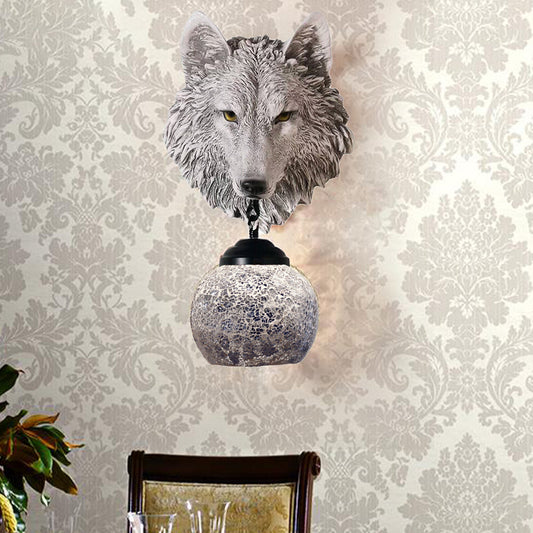 Silver/Gold 1 Light Wall Mount Lamp Tiffany Style Hand Cut Glass Wolf Head Sconce for Living Room Clearhalo 'Industrial' 'Middle century wall lights' 'Tiffany wall lights' 'Tiffany' 'Wall Lamps & Sconces' 'Wall Lights' Lighting' 302932