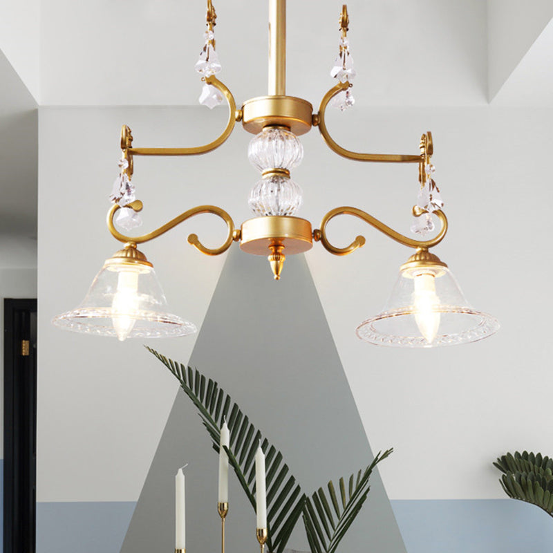 Gold Bell Hanging Chandelier Traditionalist Clear Crystal Glass 2 Lights Dining Room Ceiling Pendant Clearhalo 'Ceiling Lights' 'Chandeliers' Lighting' options 302939