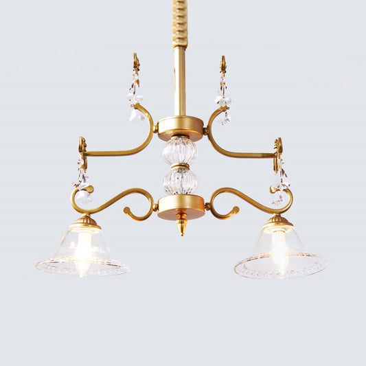 Gold Bell Hanging Chandelier Traditionalist Clear Crystal Glass 2 Lights Dining Room Ceiling Pendant Clearhalo 'Ceiling Lights' 'Chandeliers' Lighting' options 302941