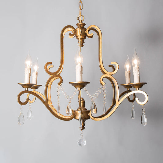 Metal Gold Pendant Chandelier Candle 6 Lights Retro Ceiling Hang Fixture with Crystal Draping Clearhalo 'Ceiling Lights' 'Chandeliers' Lighting' options 302942