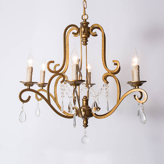 Metal Gold Pendant Chandelier Candle 6 Lights Retro Ceiling Hang Fixture with Crystal Draping Clearhalo 'Ceiling Lights' 'Chandeliers' Lighting' options 302943