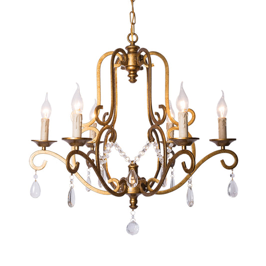 Metal Gold Pendant Chandelier Candle 6 Lights Retro Ceiling Hang Fixture with Crystal Draping Clearhalo 'Ceiling Lights' 'Chandeliers' Lighting' options 302944