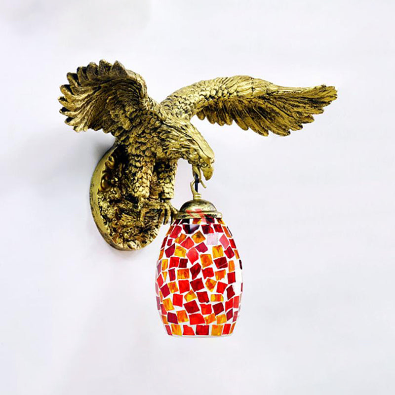 1 Light Balcony Wall Mount Fixture Tiffany Brass Sconce with Elongated Dome Silver/Red/Yellow Stained Glass Shade Clearhalo 'Industrial' 'Middle century wall lights' 'Tiffany wall lights' 'Tiffany' 'Wall Lamps & Sconces' 'Wall Lights' Lighting' 302981