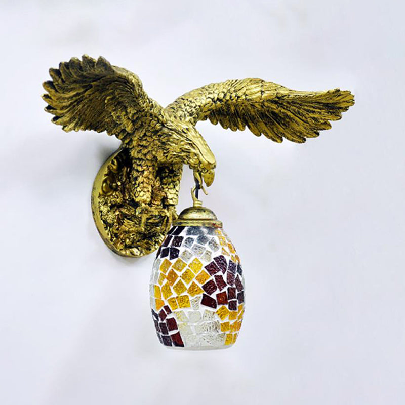 1 Light Balcony Wall Mount Fixture Tiffany Brass Sconce with Elongated Dome Silver/Red/Yellow Stained Glass Shade Yellow Clearhalo 'Industrial' 'Middle century wall lights' 'Tiffany wall lights' 'Tiffany' 'Wall Lamps & Sconces' 'Wall Lights' Lighting' 302982