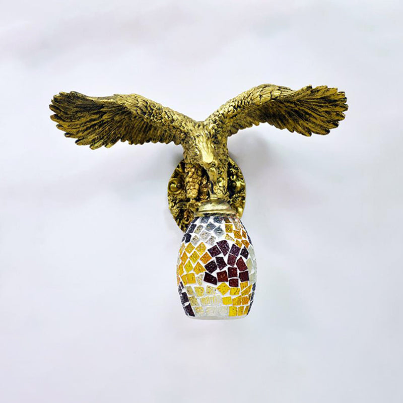 1 Light Balcony Wall Mount Fixture Tiffany Brass Sconce with Elongated Dome Silver/Red/Yellow Stained Glass Shade Clearhalo 'Industrial' 'Middle century wall lights' 'Tiffany wall lights' 'Tiffany' 'Wall Lamps & Sconces' 'Wall Lights' Lighting' 302983