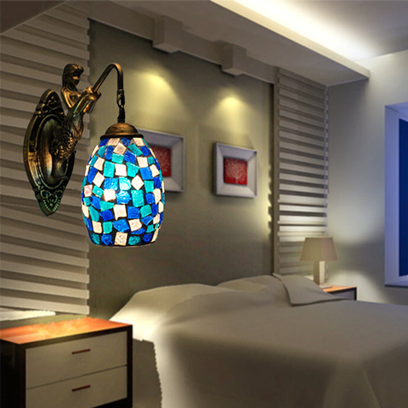 Dome Vanity Lamp 1 Light Silver/Red/Yellow Stained Glass Mediterranean Stylish Sconce Light Fixture for Bathroom Blue Clearhalo 'Industrial' 'Middle century wall lights' 'Tiffany wall lights' 'Tiffany' 'Wall Lamps & Sconces' 'Wall Lights' Lighting' 303000