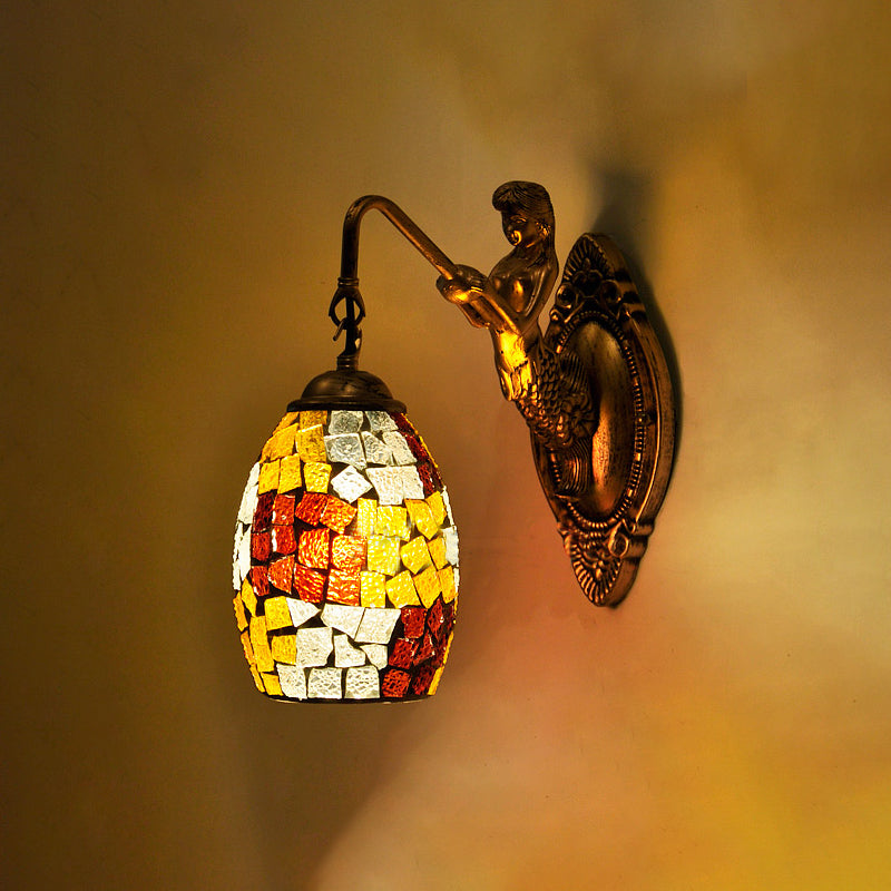 Dome Vanity Lamp 1 Light Silver/Red/Yellow Stained Glass Mediterranean Stylish Sconce Light Fixture for Bathroom Yellow Clearhalo 'Industrial' 'Middle century wall lights' 'Tiffany wall lights' 'Tiffany' 'Wall Lamps & Sconces' 'Wall Lights' Lighting' 303004