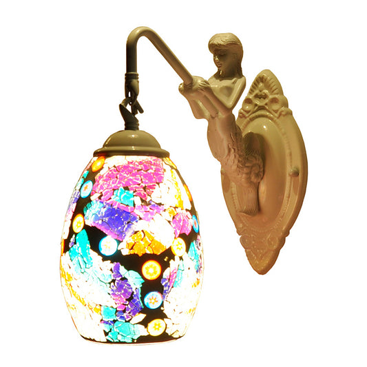 White Dome Wall Lighting Fixture Tiffany Style 1 Light Blue/Purple Stained Glass Sconce with Mermaid Deco Purple Clearhalo 'Industrial' 'Middle century wall lights' 'Tiffany wall lights' 'Tiffany' 'Wall Lamps & Sconces' 'Wall Lights' Lighting' 303010