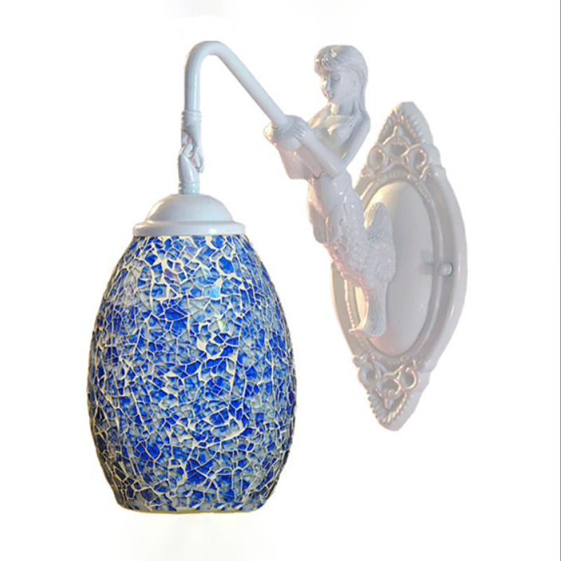 White Dome Wall Lighting Fixture Tiffany Style 1 Light Blue/Purple Stained Glass Sconce with Mermaid Deco Blue Clearhalo 'Industrial' 'Middle century wall lights' 'Tiffany wall lights' 'Tiffany' 'Wall Lamps & Sconces' 'Wall Lights' Lighting' 303011