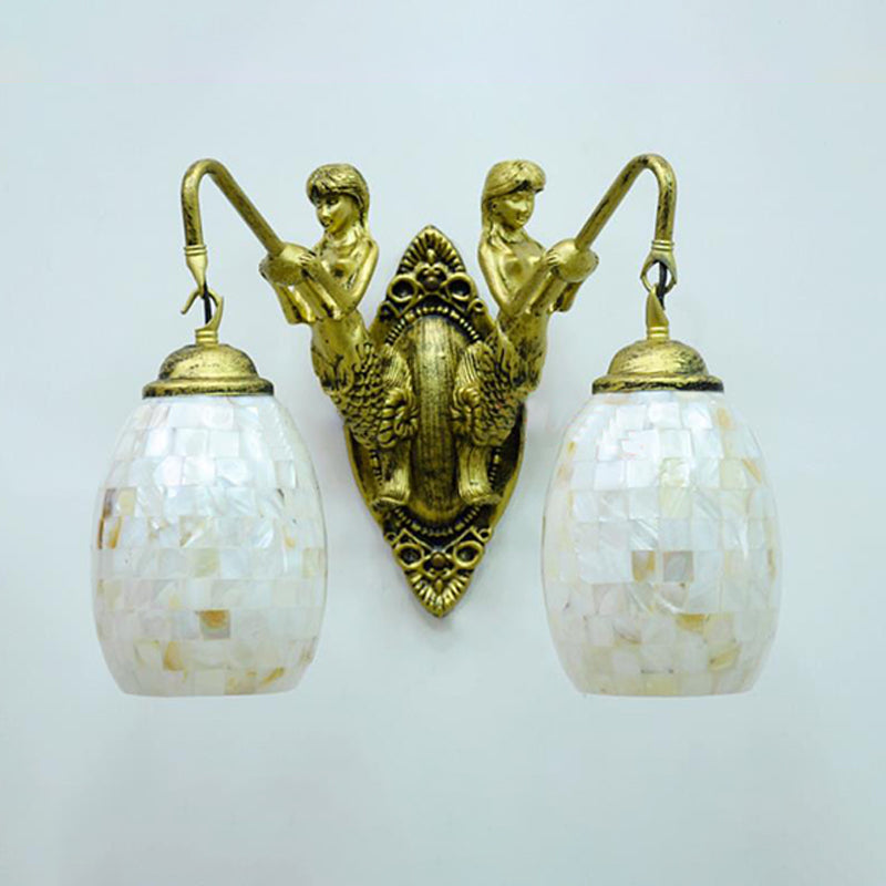 Dome/Globe Shell Vanity Lighting Idea Baroque 2 Lights White/Brass Sconce Light Fixture for Bathroom, 10"/11" H Clearhalo 'Industrial' 'Middle century wall lights' 'Tiffany wall lights' 'Tiffany' 'Wall Lamps & Sconces' 'Wall Lights' Lighting' 303034