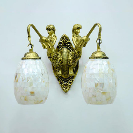 Dome/Globe Shell Vanity Lighting Idea Baroque 2 Lights White/Brass Sconce Light Fixture for Bathroom, 10"/11" H Clearhalo 'Industrial' 'Middle century wall lights' 'Tiffany wall lights' 'Tiffany' 'Wall Lamps & Sconces' 'Wall Lights' Lighting' 303034
