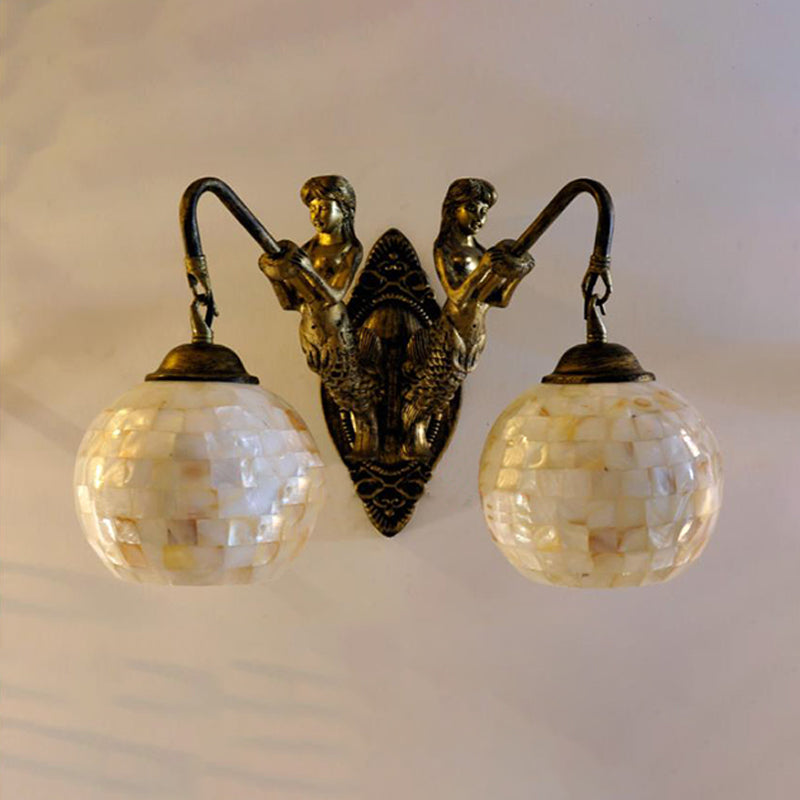 Dome/Globe Shell Vanity Lighting Idea Baroque 2 Lights White/Brass Sconce Light Fixture for Bathroom, 10"/11" H 10" Clearhalo 'Industrial' 'Middle century wall lights' 'Tiffany wall lights' 'Tiffany' 'Wall Lamps & Sconces' 'Wall Lights' Lighting' 303035