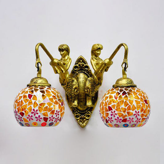 2 Lights Wall Mount Lighting Mediterranean Spherical Stained Glass Sconce Light in Red/Yellow/Orange with Mermaid Arm Orange Clearhalo 'Industrial' 'Middle century wall lights' 'Tiffany wall lights' 'Tiffany' 'Wall Lamps & Sconces' 'Wall Lights' Lighting' 303049