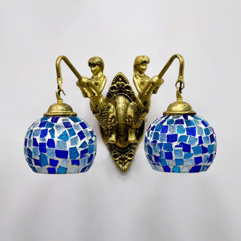 2 Lights Wall Mount Lighting Mediterranean Spherical Stained Glass Sconce Light in Red/Yellow/Orange with Mermaid Arm Blue Clearhalo 'Industrial' 'Middle century wall lights' 'Tiffany wall lights' 'Tiffany' 'Wall Lamps & Sconces' 'Wall Lights' Lighting' 303050